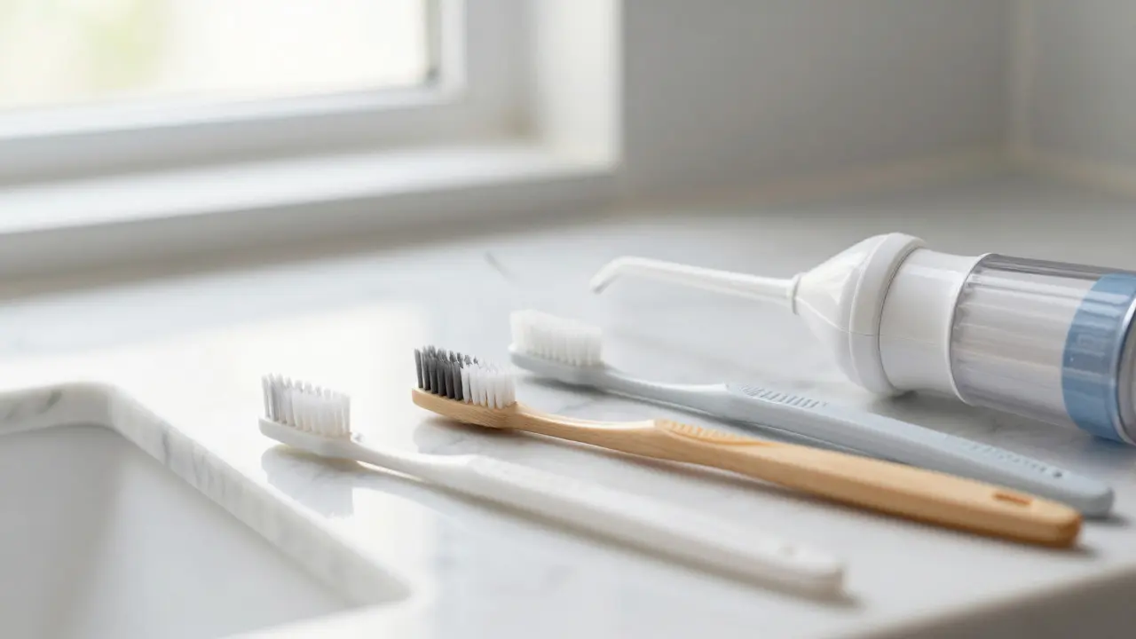 Sada pomůcek pro hygienu zubních implantátů na mramorové desce