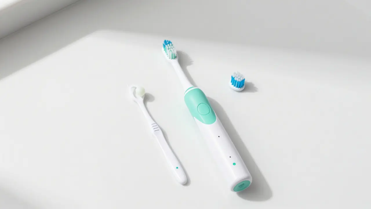 Sada pro dětskou dentální hygienu včetně elektrického kartáčku a nitě.