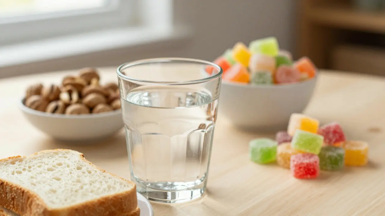 Stůl s potravinami, kde jsou tvrdé ořechy a lepivé bonbony odsunuty stranou.