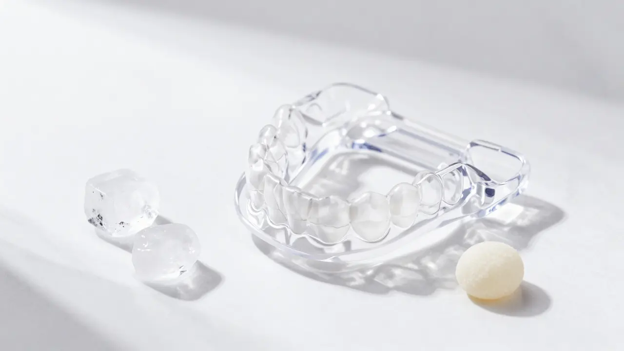 Transparentní noční šina pro prevenci skřípání zubů na bílém podkladu.