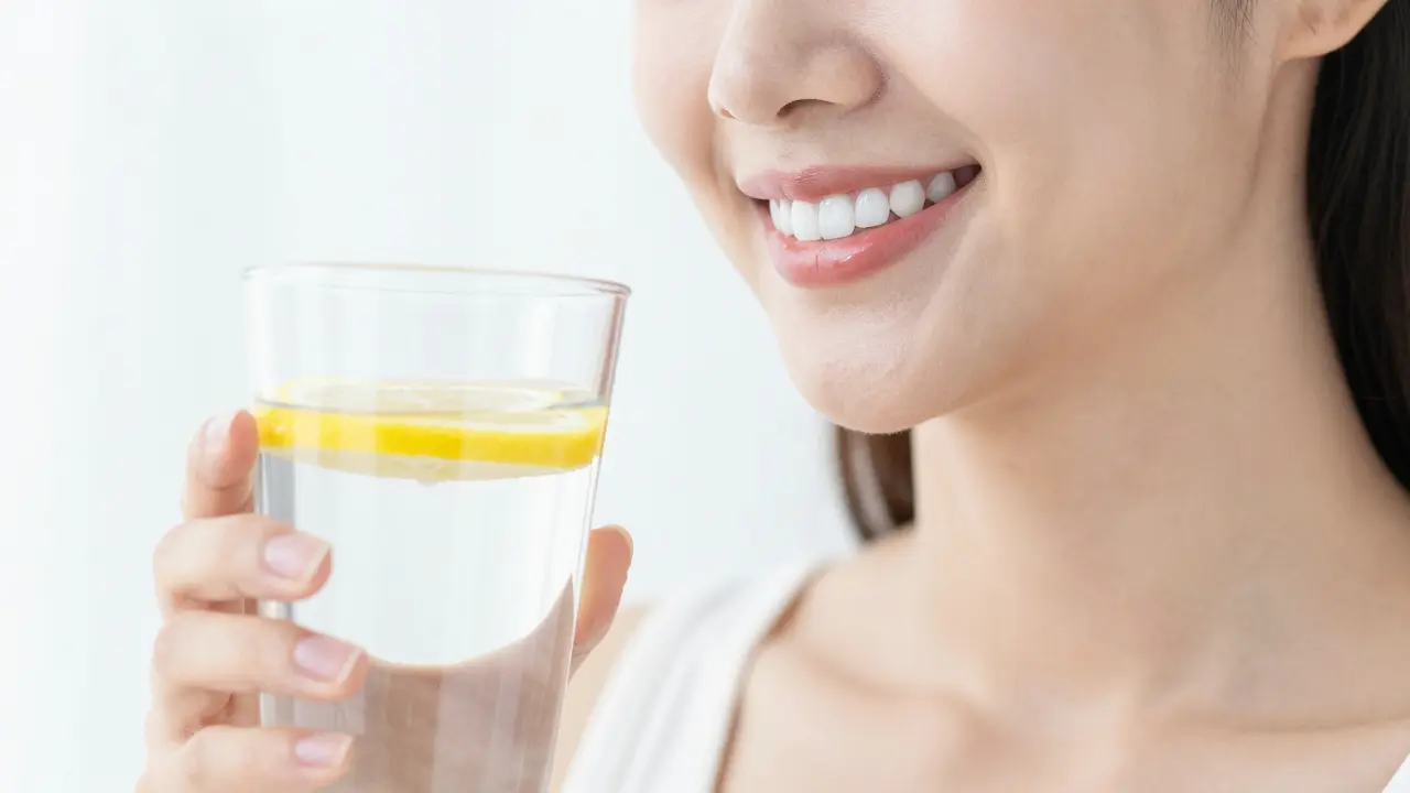 Úsměv s bělými zuby a sklenice vody s citronem pro udržení výsledku.