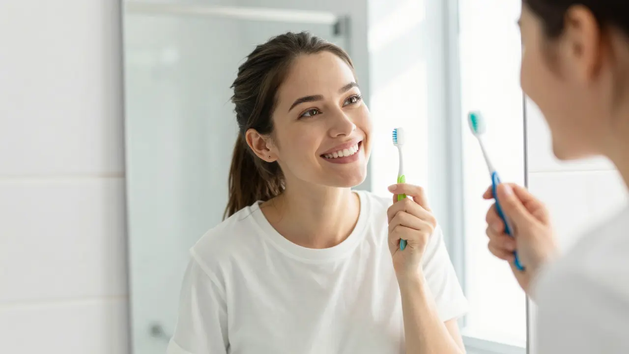 Usměvají se do zrcadla při používání mezizubního kartáčku.