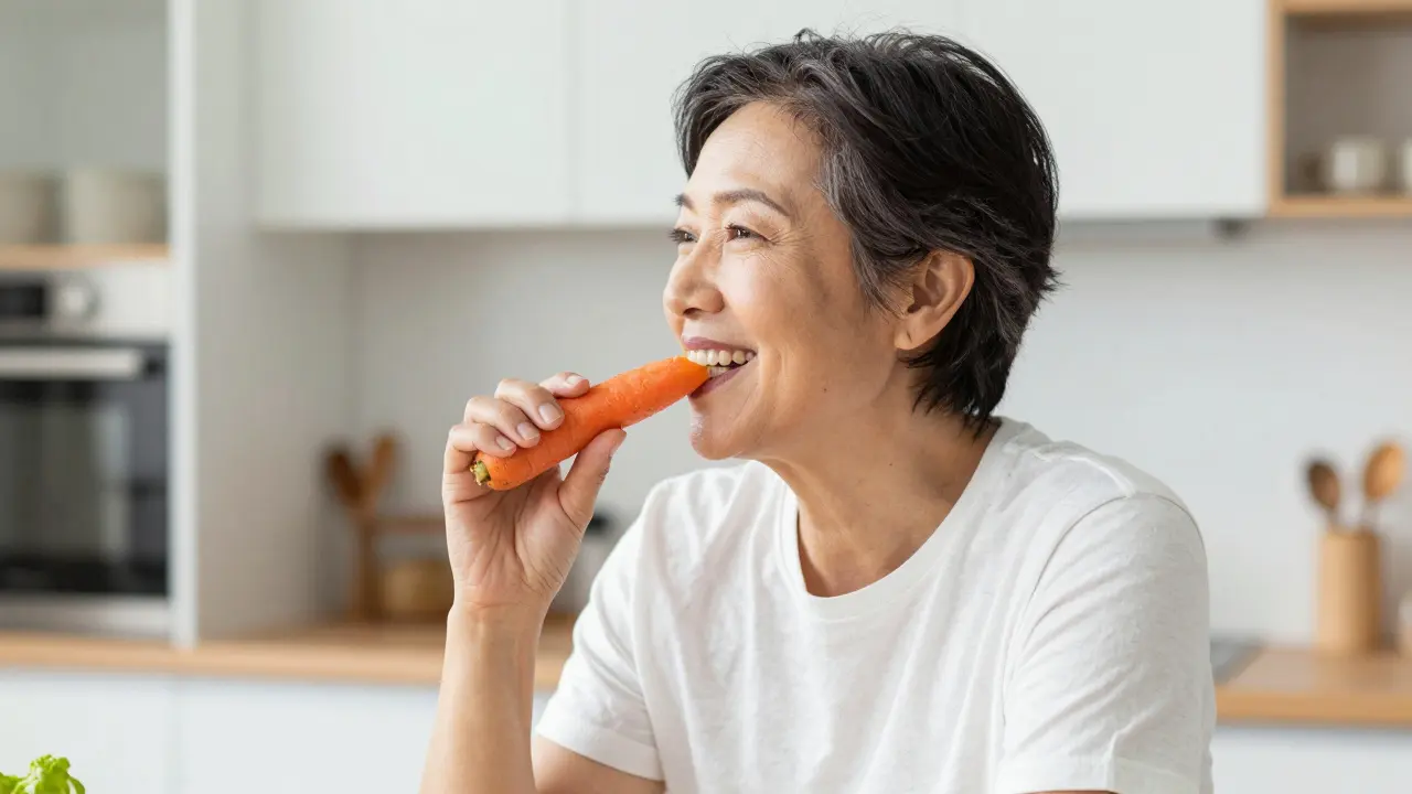 Usmívající se osoba kousající syrovou mrkev v moderní kuchyni