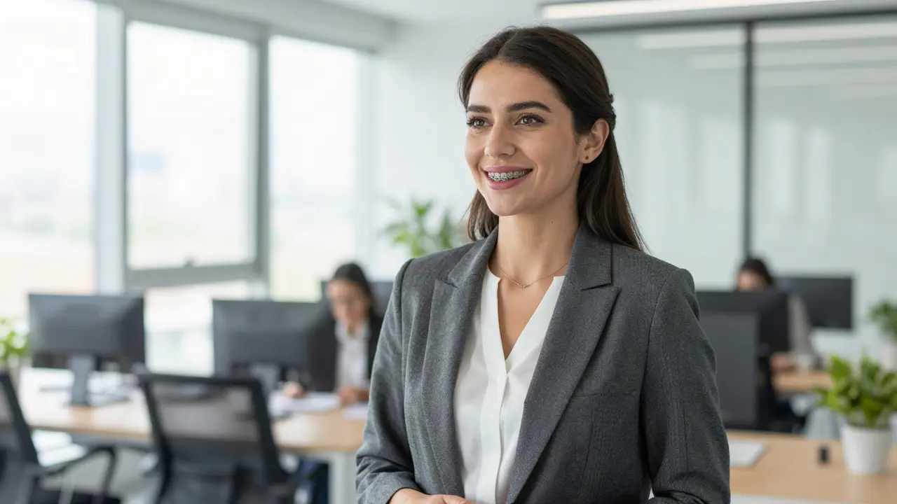 Úspěšná businesswoman s téměř neviditelnými keramickými rovnatkami.