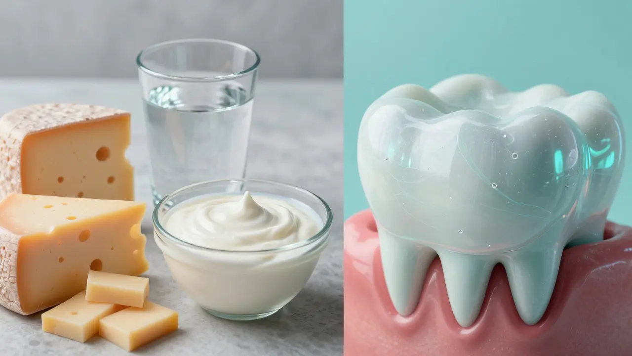 Zdravá strava s vápníkem a symbolická ochranná vrstva fluoridu na zubu.