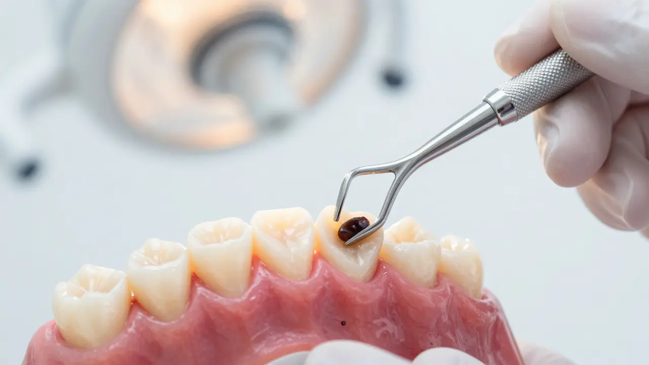 Zubní hygienik používá speciální nástroj k odstranění kamene pod dásní.