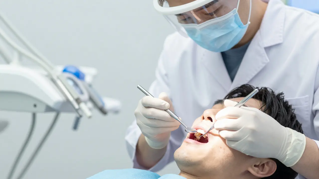 Dentista vyšetřuje pacienta v moderní stomatologické ordinaci