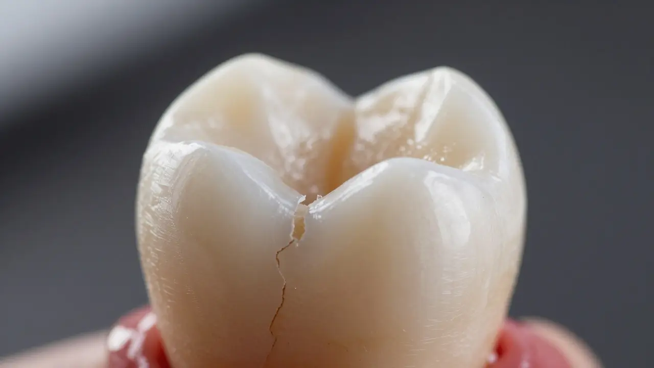 Detail prasklého předního zubu ukazující sklovinu a dentin