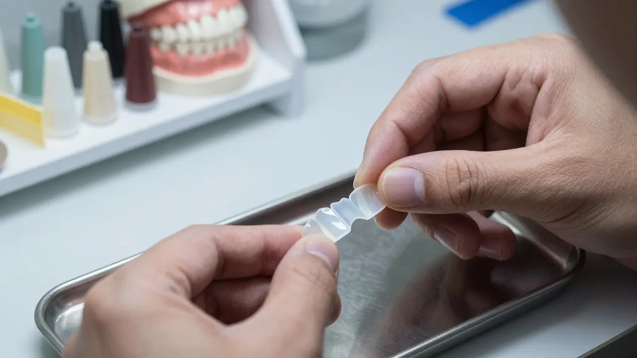 Detailní záběr rukou technika při výrobě tenkých porcelánových zubních faretek v laboratoři.