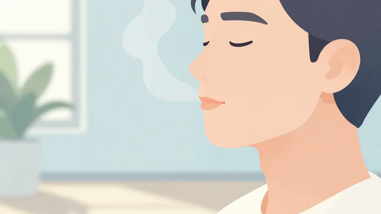 Ilustrace meditující osoby s uvolněnou tváří a správným dýcháním nosem