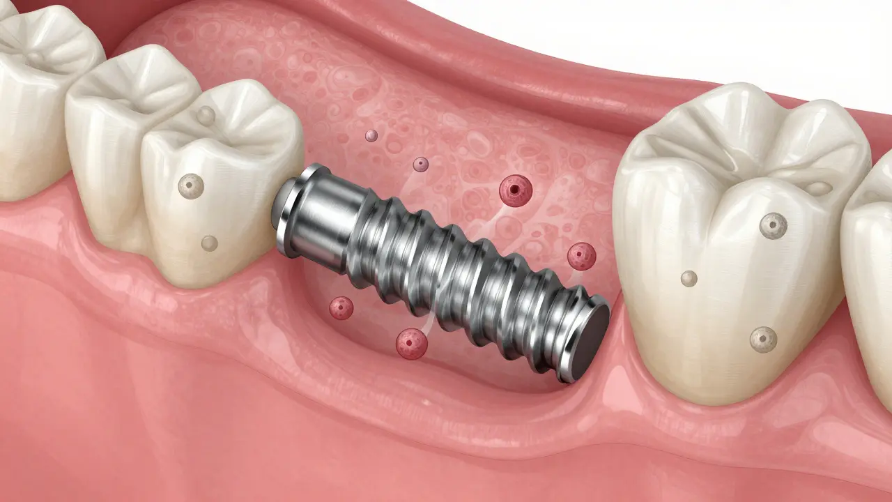 Křížový řez ukazující integraci implantátu do kosti