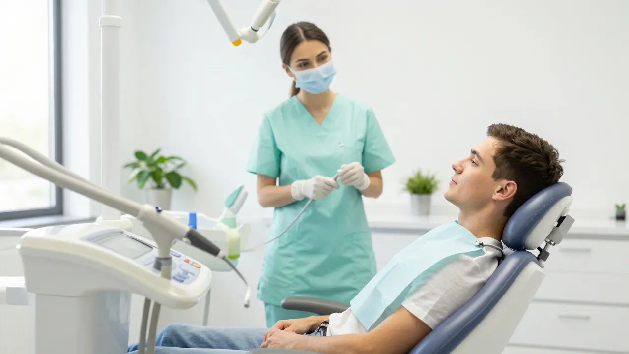 Relaxovaný pacient v moderní stomatologické ordinaci během hygieny