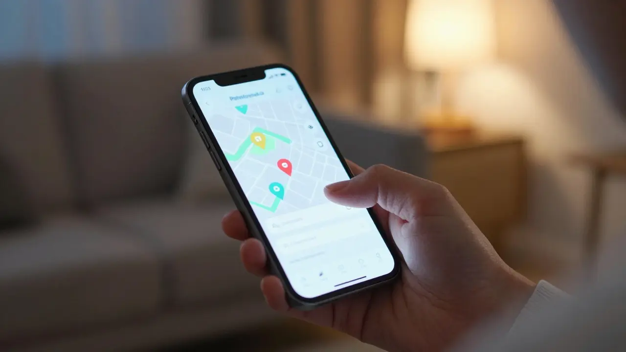 Ruka drží telefon s aplikací pro hledání pohotovosti při noční bolesti