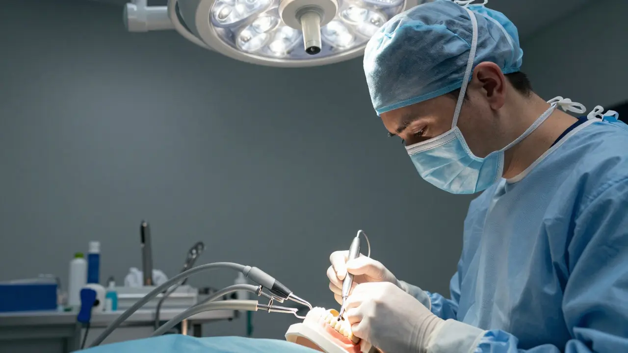 Scéna z chirurgického zákroku při vkládání zubního implantátu