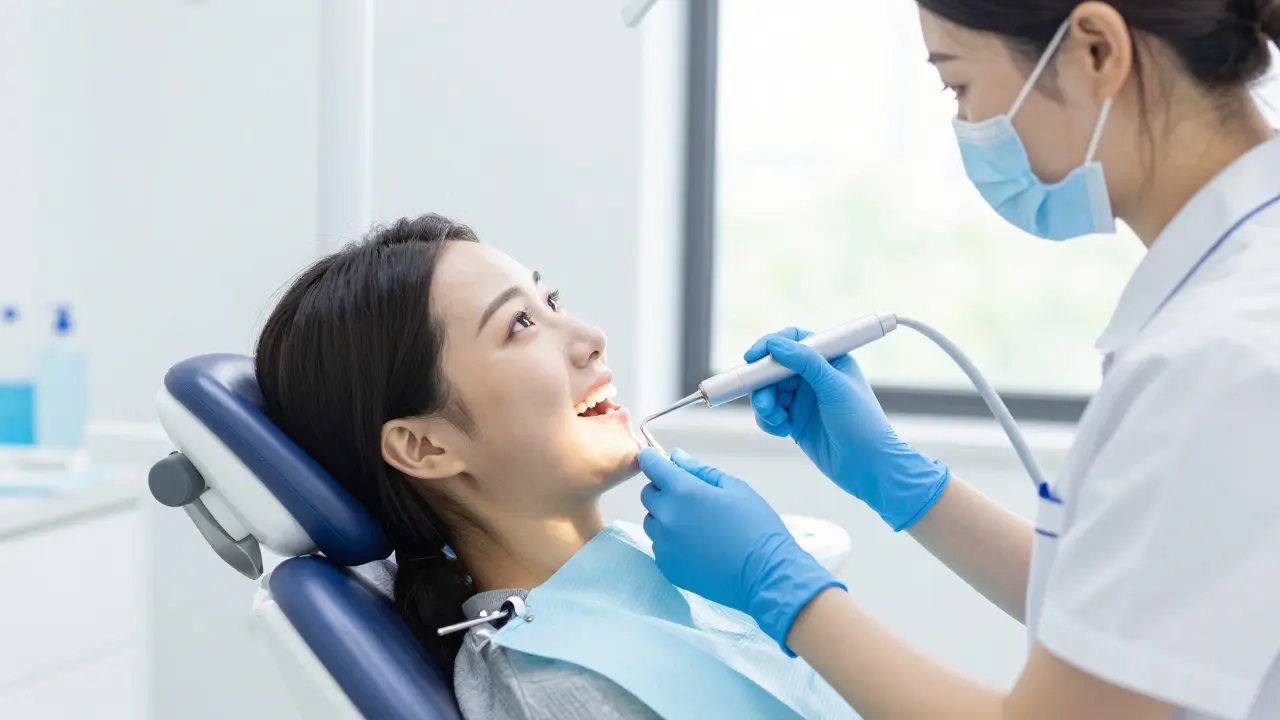 Zubní hygienista čistí pacientovi zuby ultrazvukem v jasně osvětlené ordinaci.