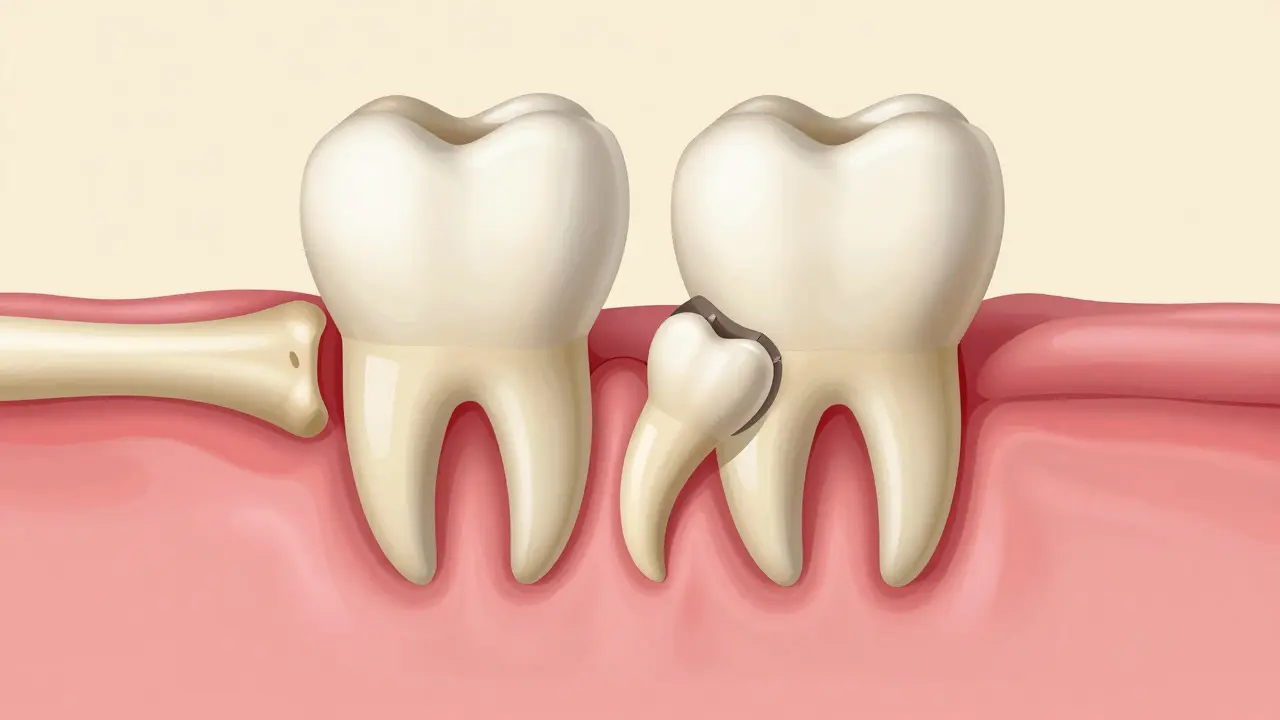 Anatomický řez zobrazující uvězněný třetí zub