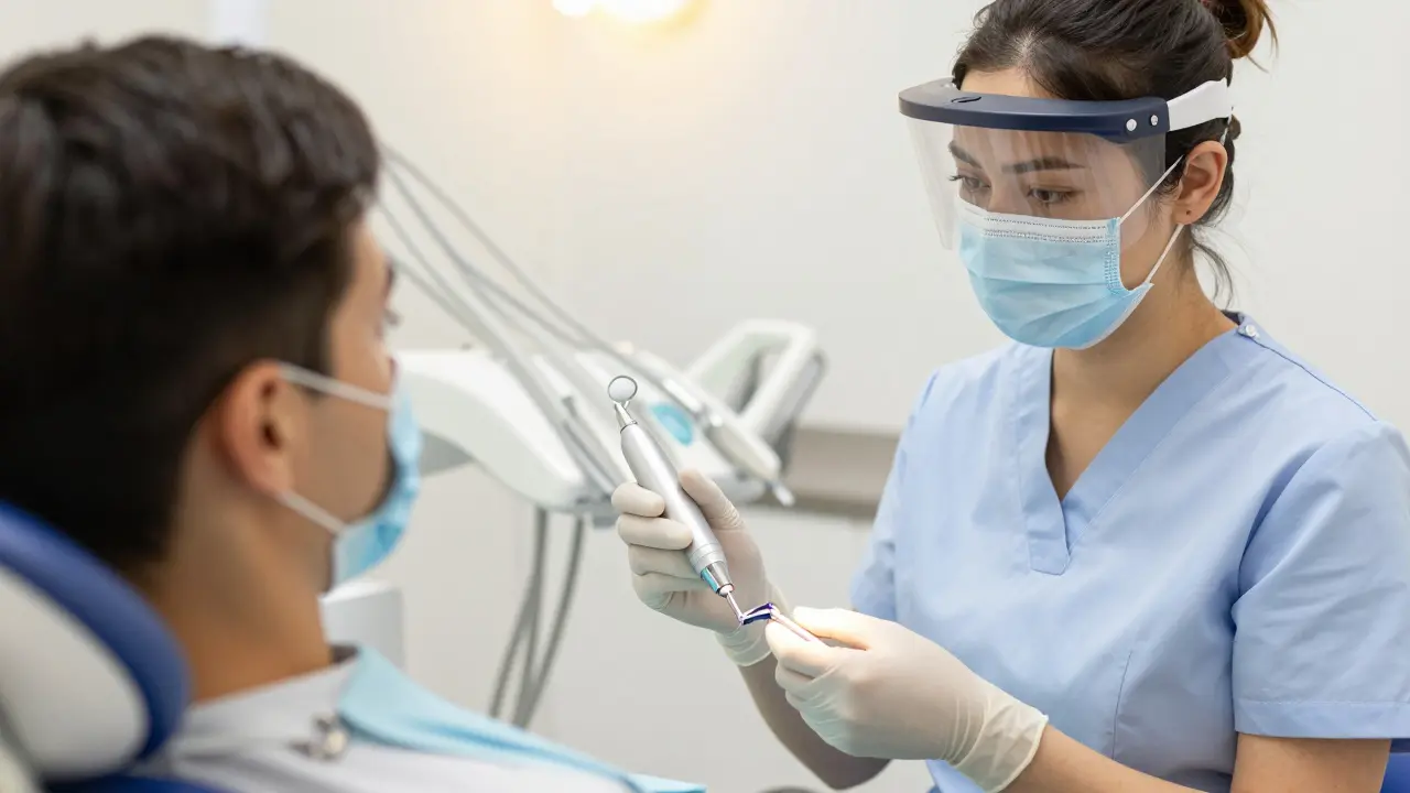 Dentální hygienista s ultrazvukovým skalpem
