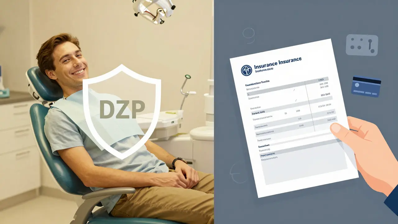 Rozdělený obrázek ukazující pacienta s pojištěním a dokumentaci splátkového kalendáře