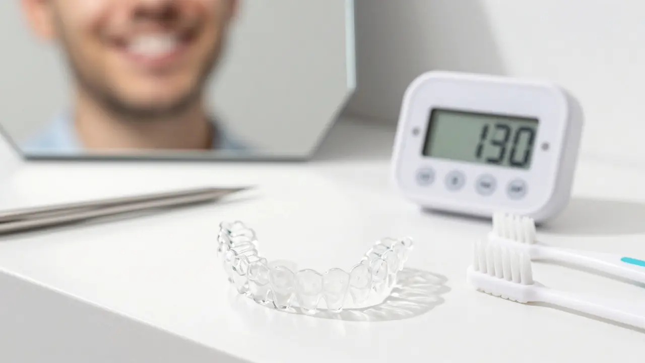 Transparentní rovnátka a hygienické pomůcky na čistém stole