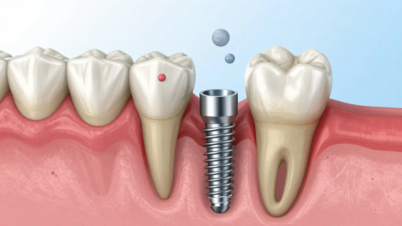 3D ilustrace spojení implantátu s kostí