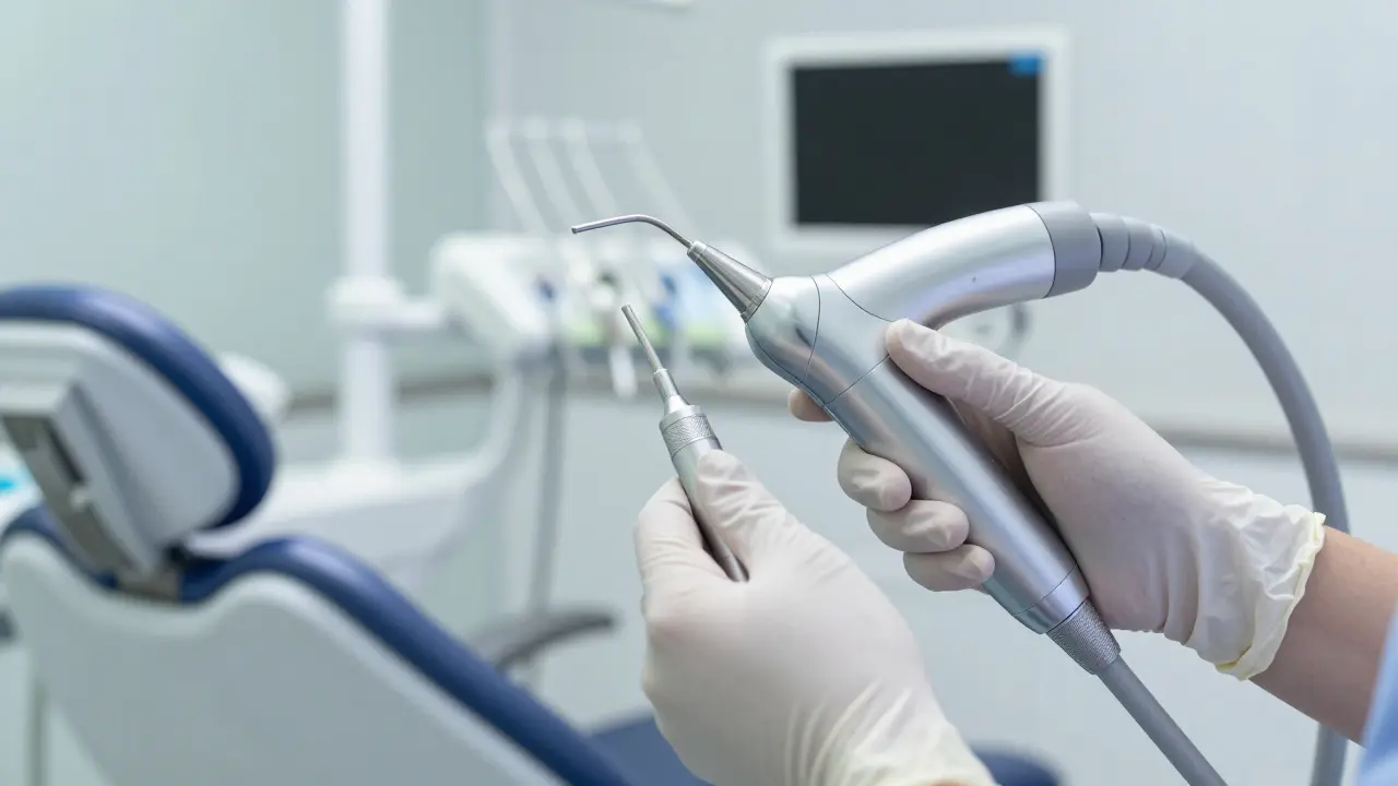 Detailní záběr na nástroje pro ultrazvukové čištění zubů v ordinaci