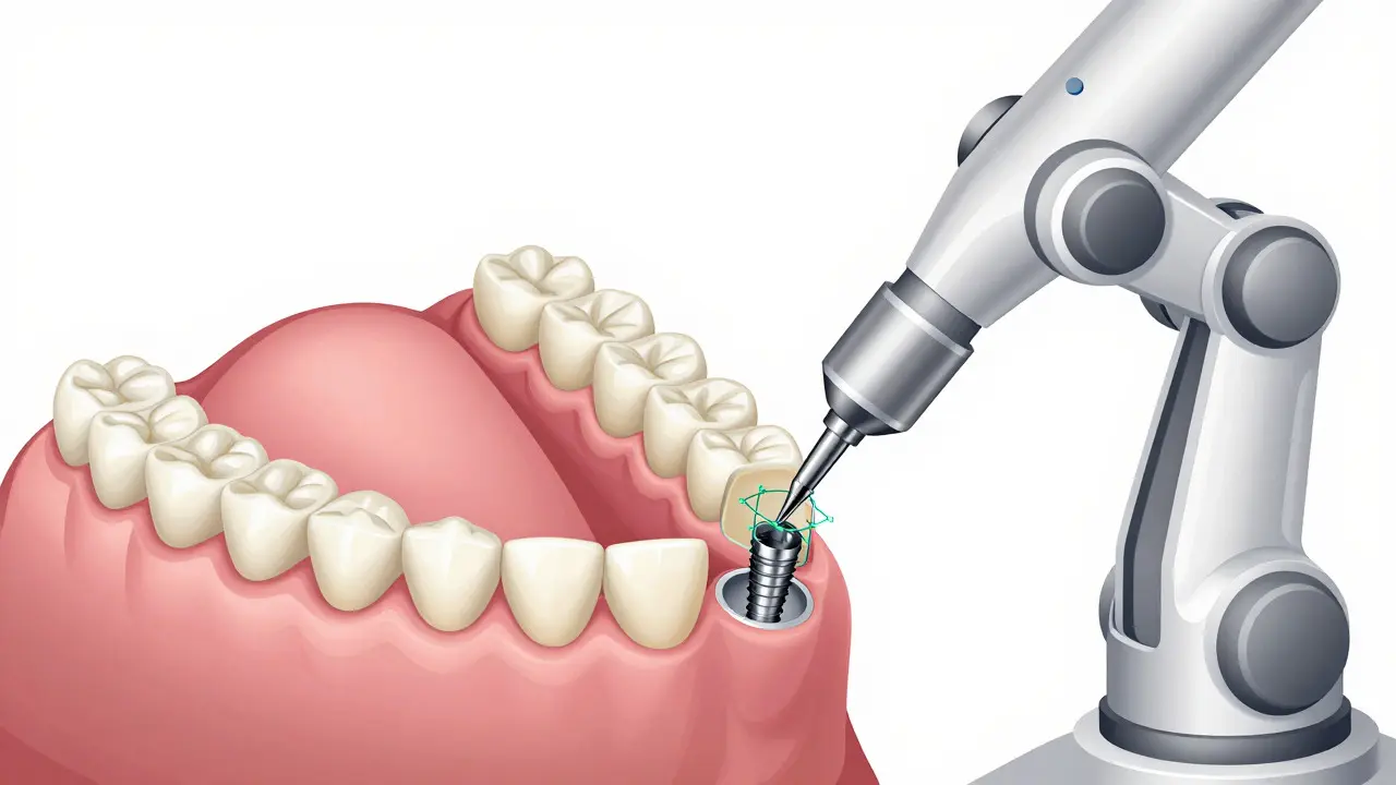 Ilustrace přesného umístění implantátu robotem pro narovnání zubů