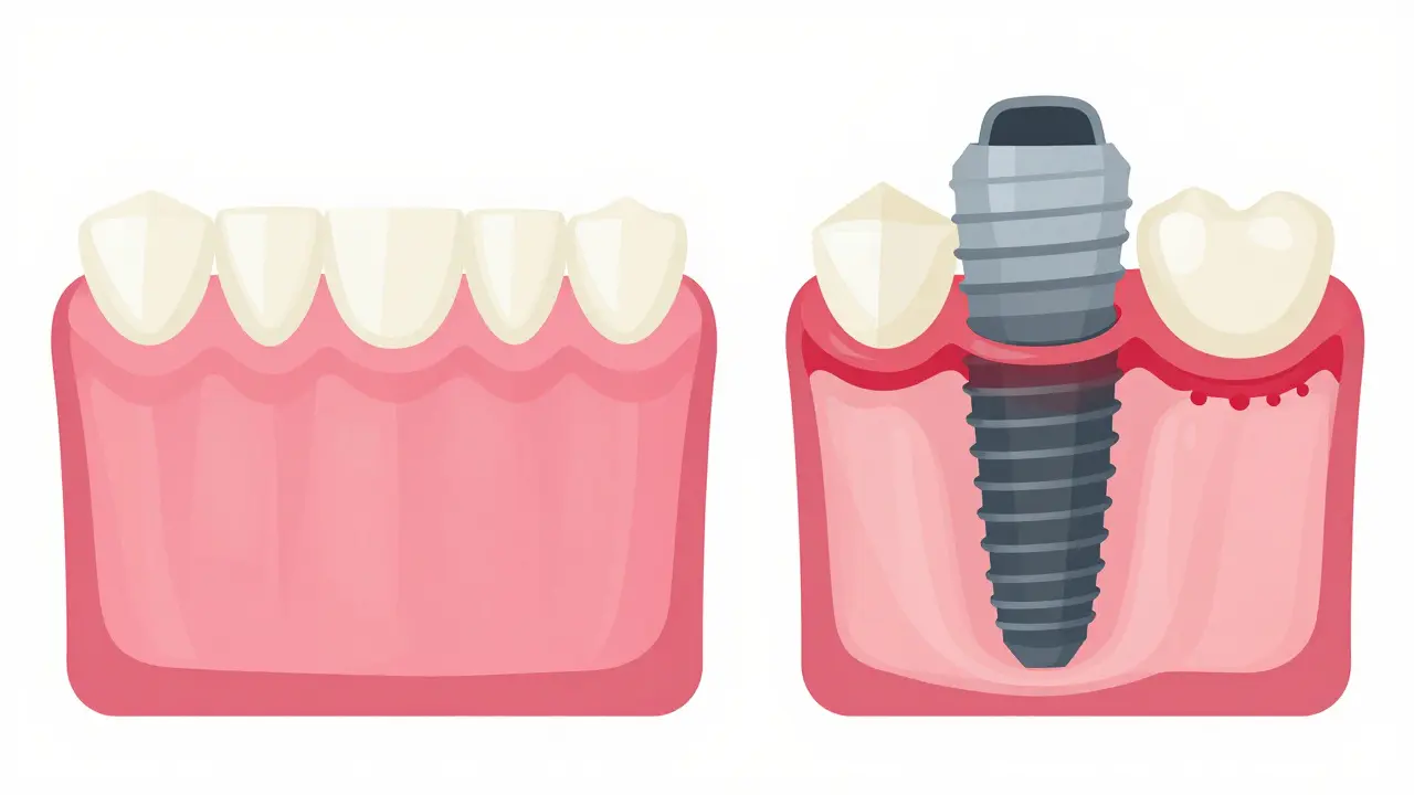 Ilustrace zdravého implantátu versus zánět peri-implantitidy