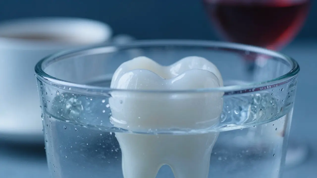 Makro záběr zubu ve studené vodě s kávou na pozadí