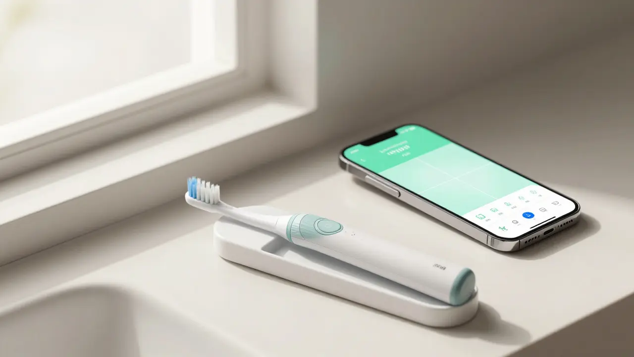 Sonický kartáček a chytrý telefon s aplikací pro ústní hygienu