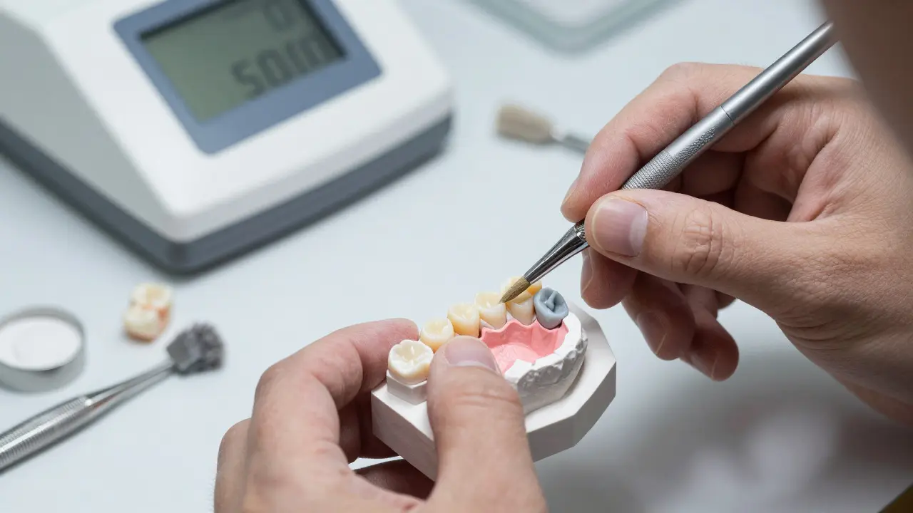 Technik v laboratoři vrství keramické materiály pro výrobu realistických zubů