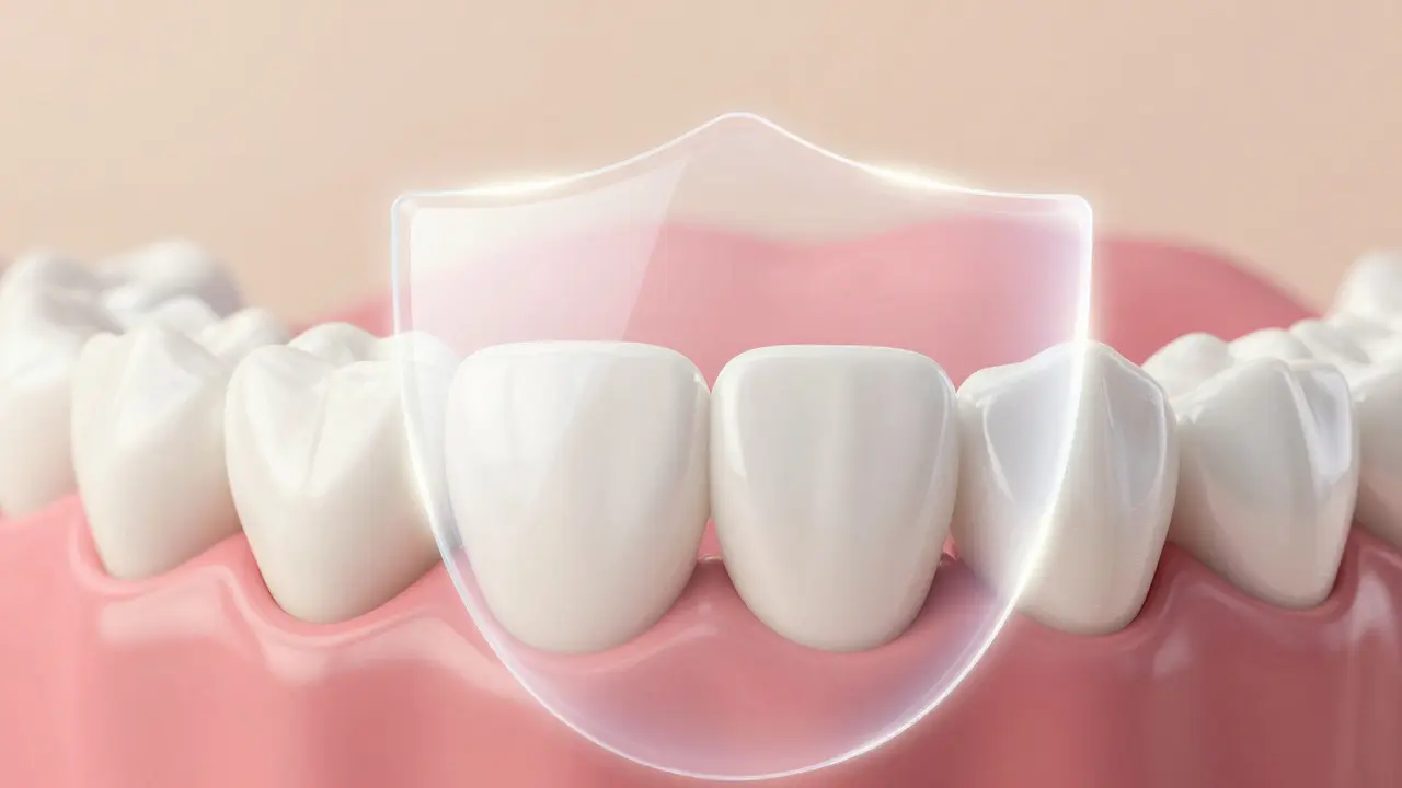 Zdravé zuby chráněné fluoridovou vrstvou pro prevenci kazu