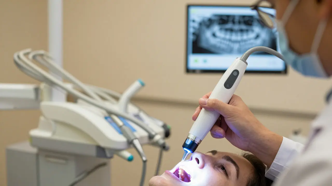Dentista používá laserový diagnostický přístroj pro kontrolu zdraví zubů