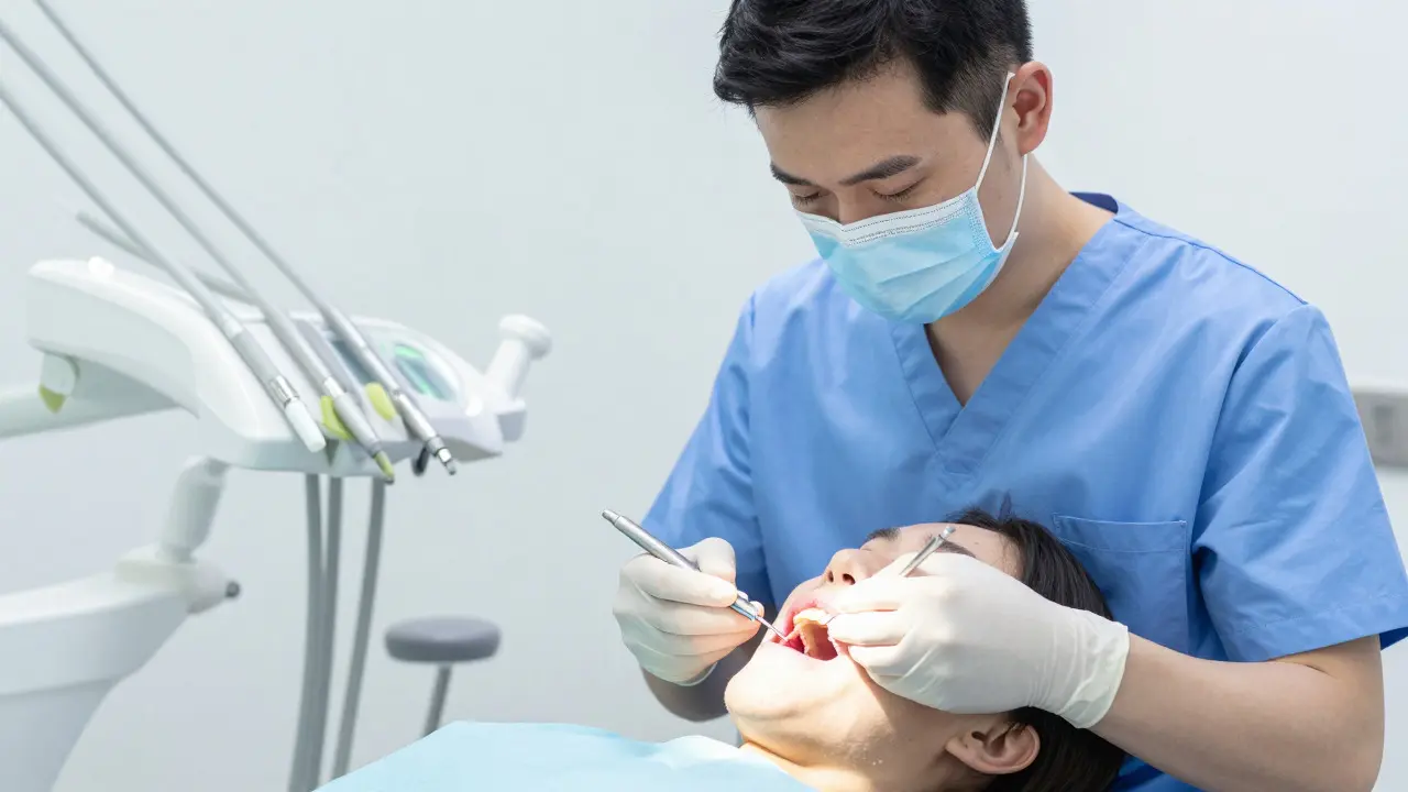 Dentista provádějící léčbu kořenových kanálů pacientovi