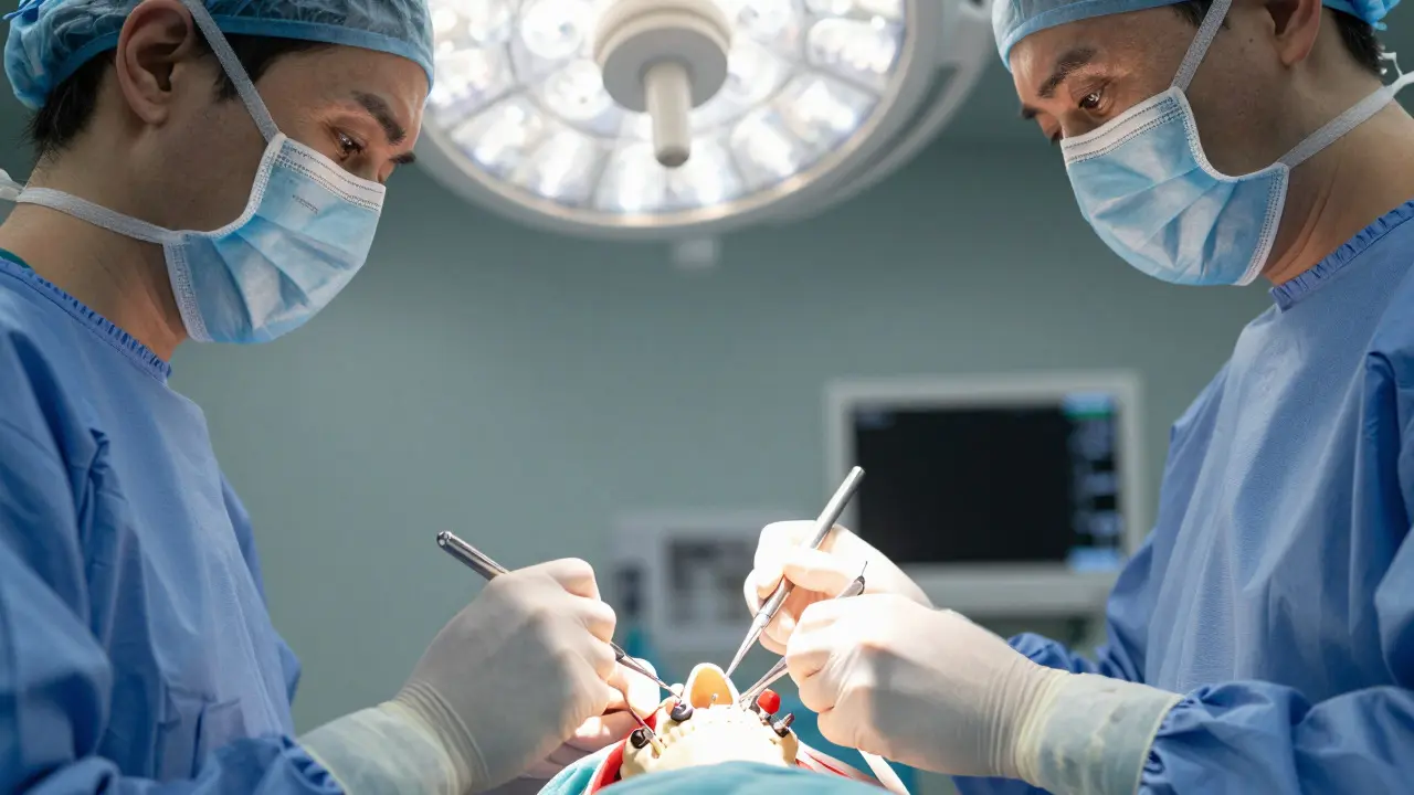 Detail operace čelisti s titánovými destičkami a šrouby v operační místnosti