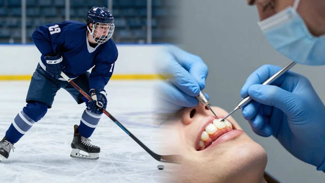 Koncept prevence a opravy zubů s hokejistou a dentistou při zákroku