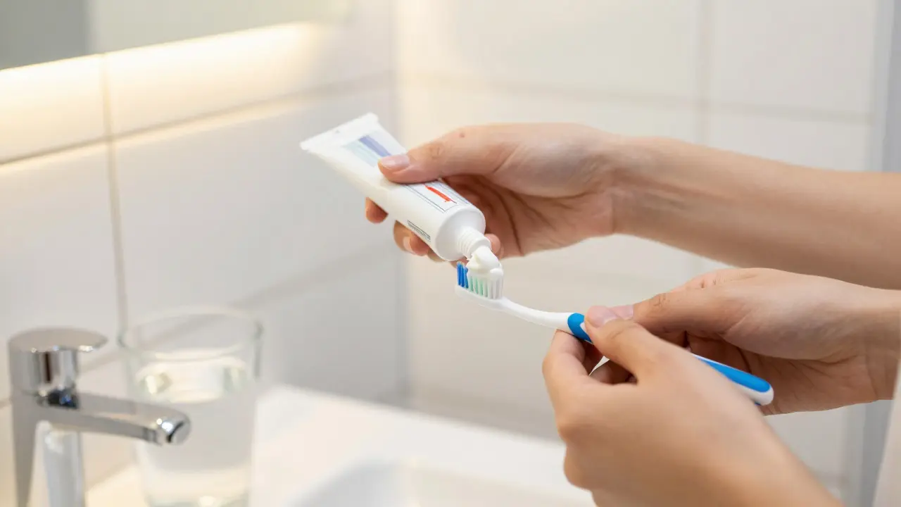 Osoba připravující fluoridovou pastu na prevenci kazu