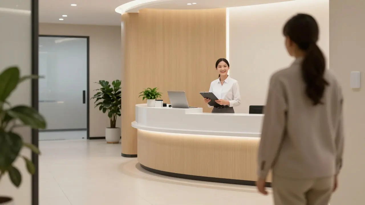 Recepční na recepci zubní kliniky připravená pomoci pacientovi