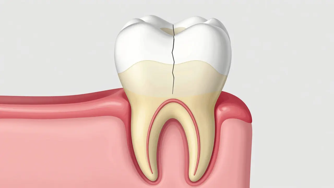 Řezový diagram předního zuba ukazující vrstvy esmiku, dentiny a nervu