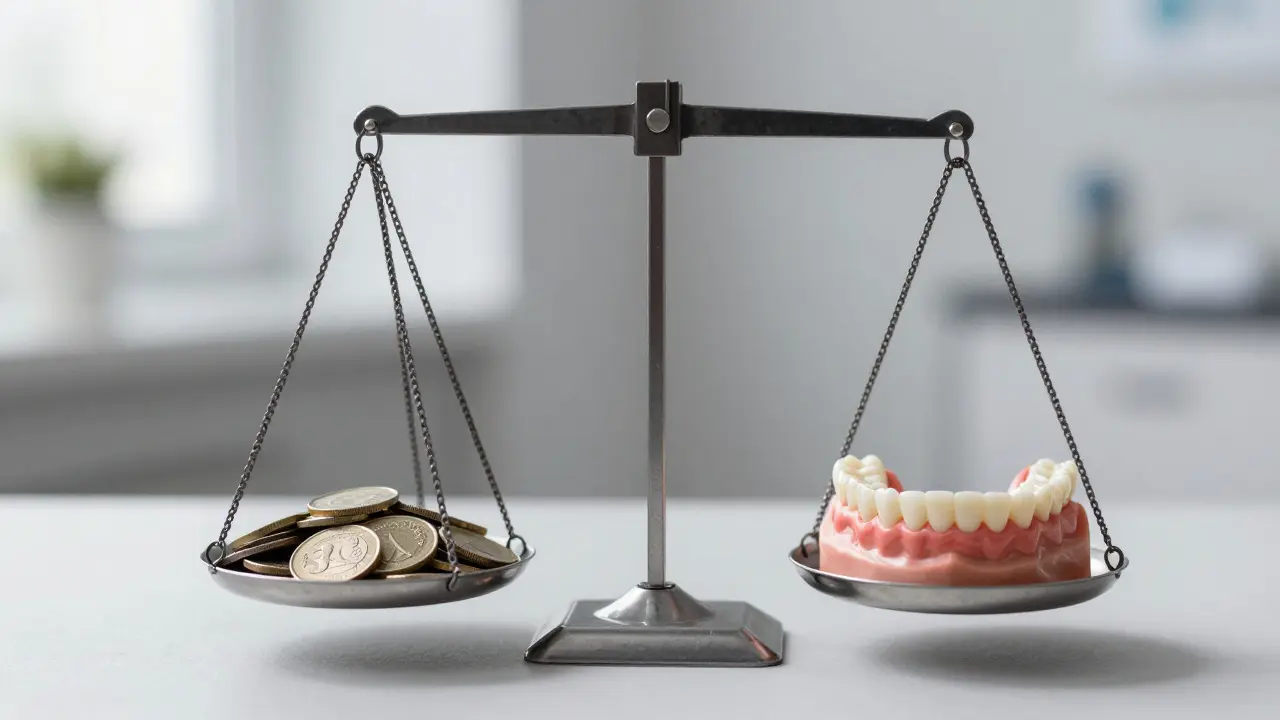 Scale showing small cash vs expensive dental prosthesis