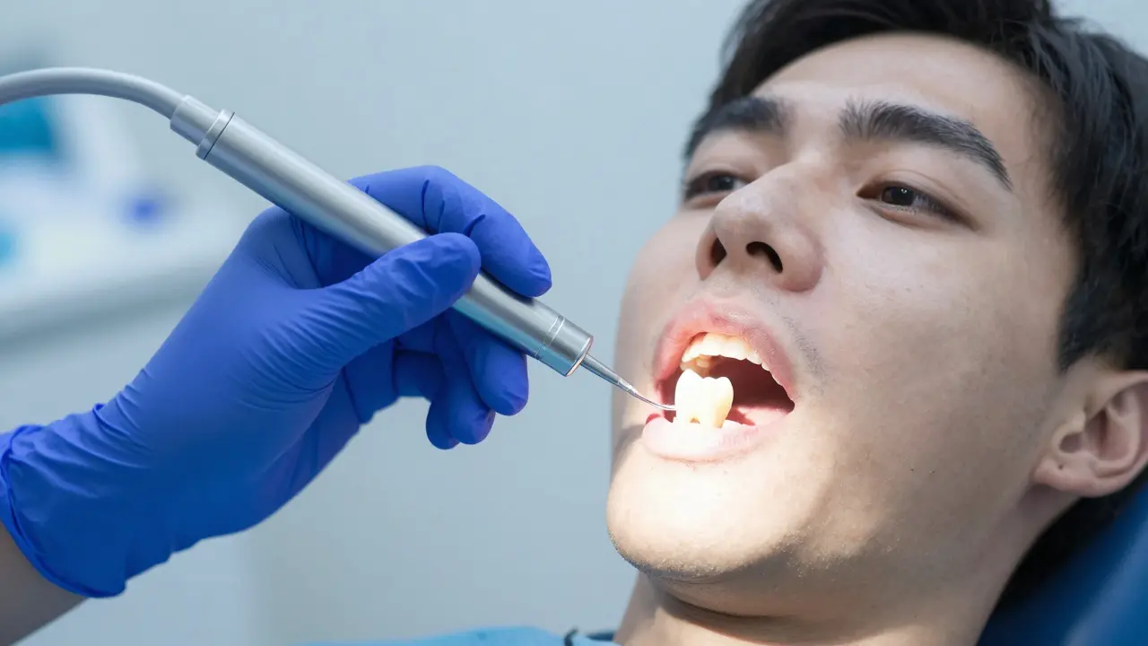 Zubař používá světelný přístroj k diagnostice kazu pod korunou