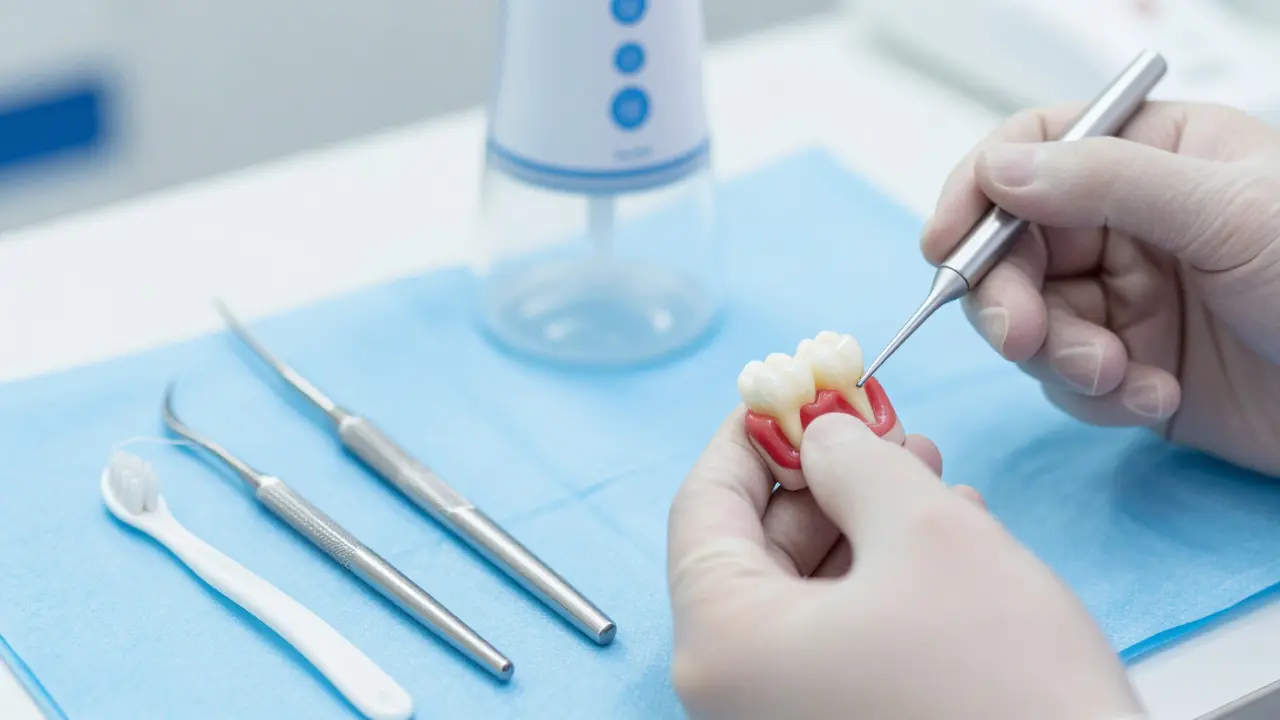 Zubní sondáž a hygienické pomůcky symbolizující prevenci parodontózy