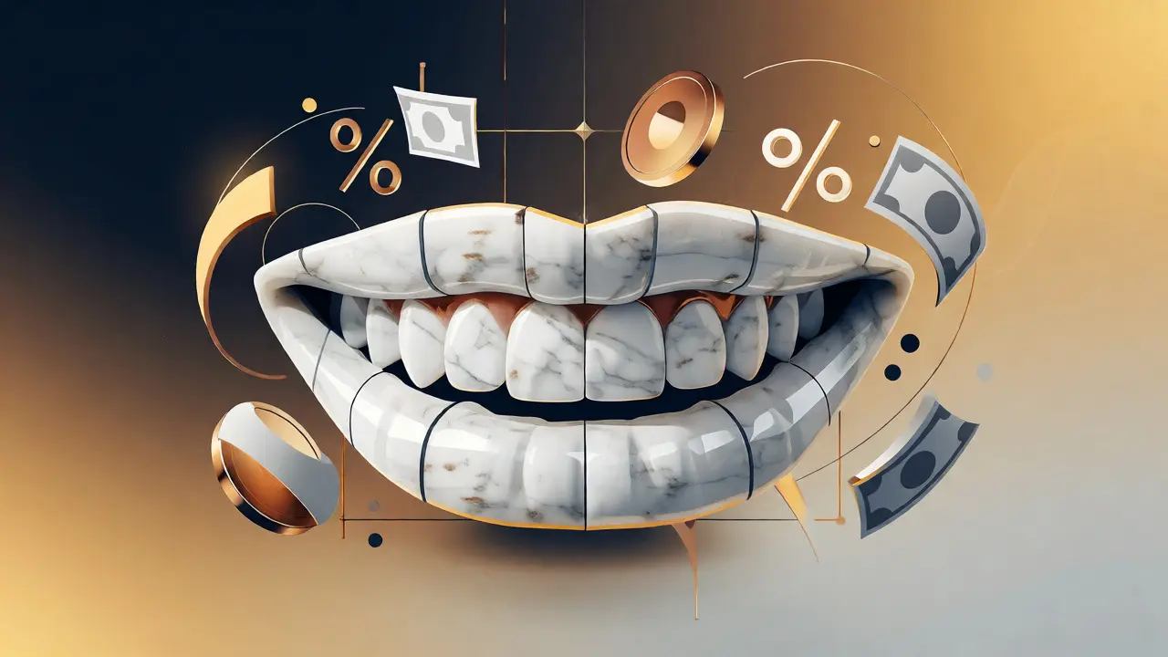 Abstraktní ilustrace úsměvu obklopeného finančními symboly