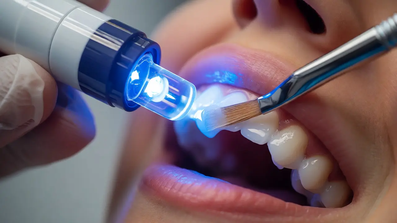 Aplikace bělicího gelu na zuby pod LED světlem