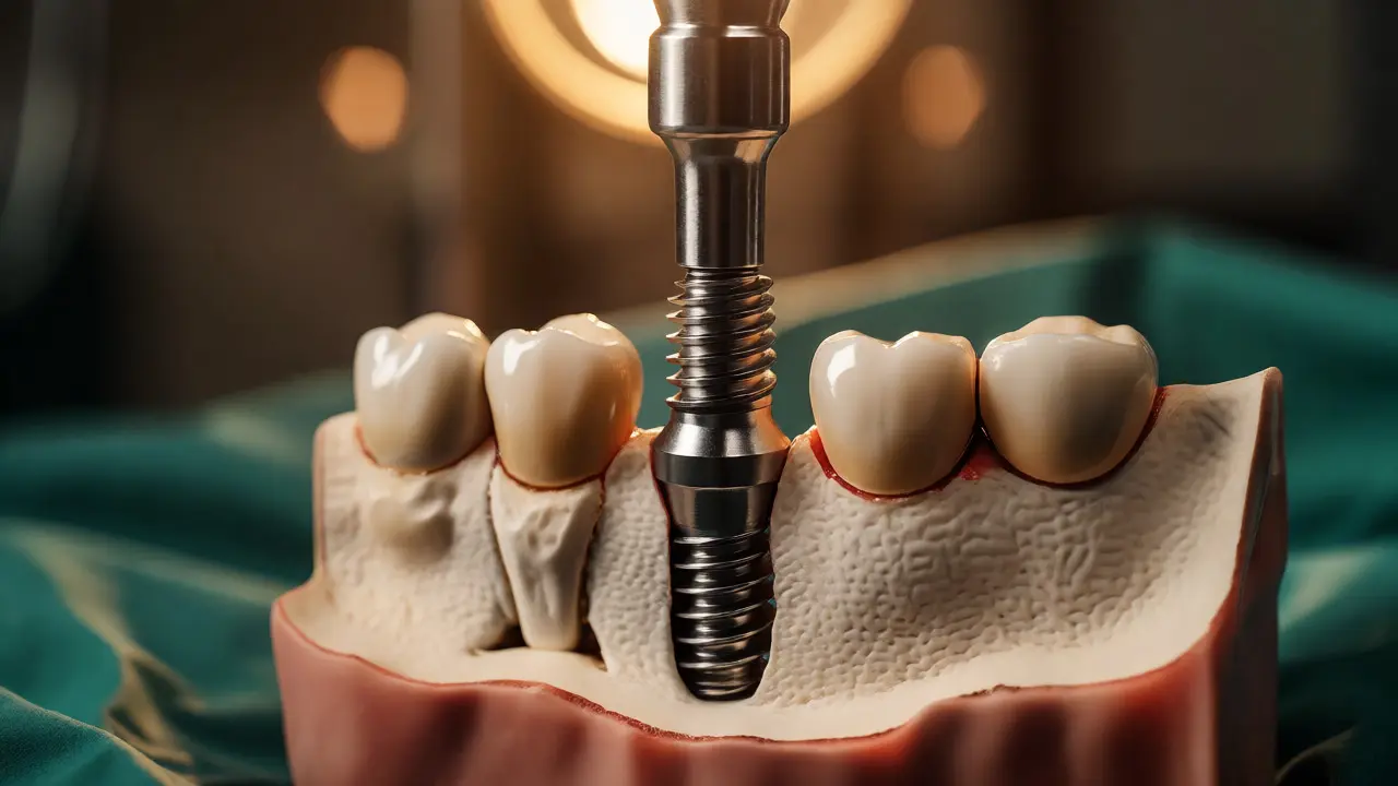 Detailní záběr na titanový zubní implantát zasazovaný do modelu kosti čelisti.