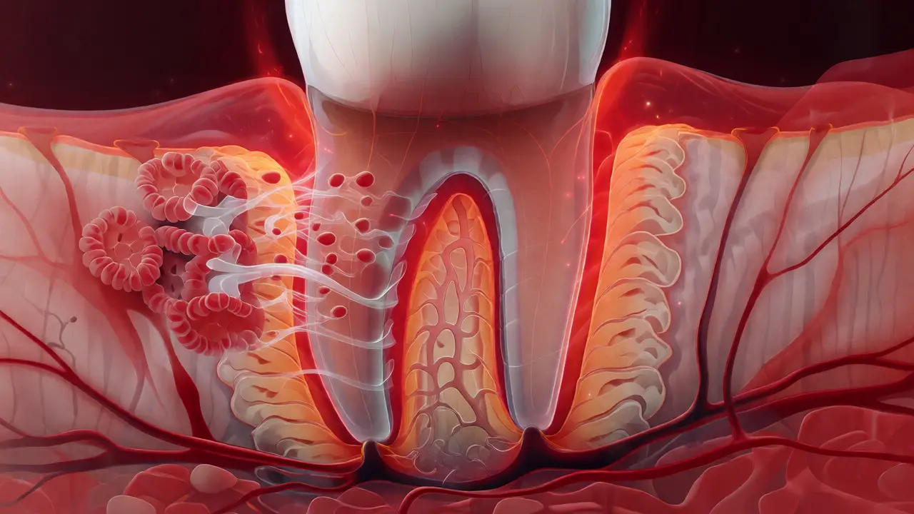 Ilustrace biologického procesu remodelace kosti kolem kořene zubu při nošení rovnátek.