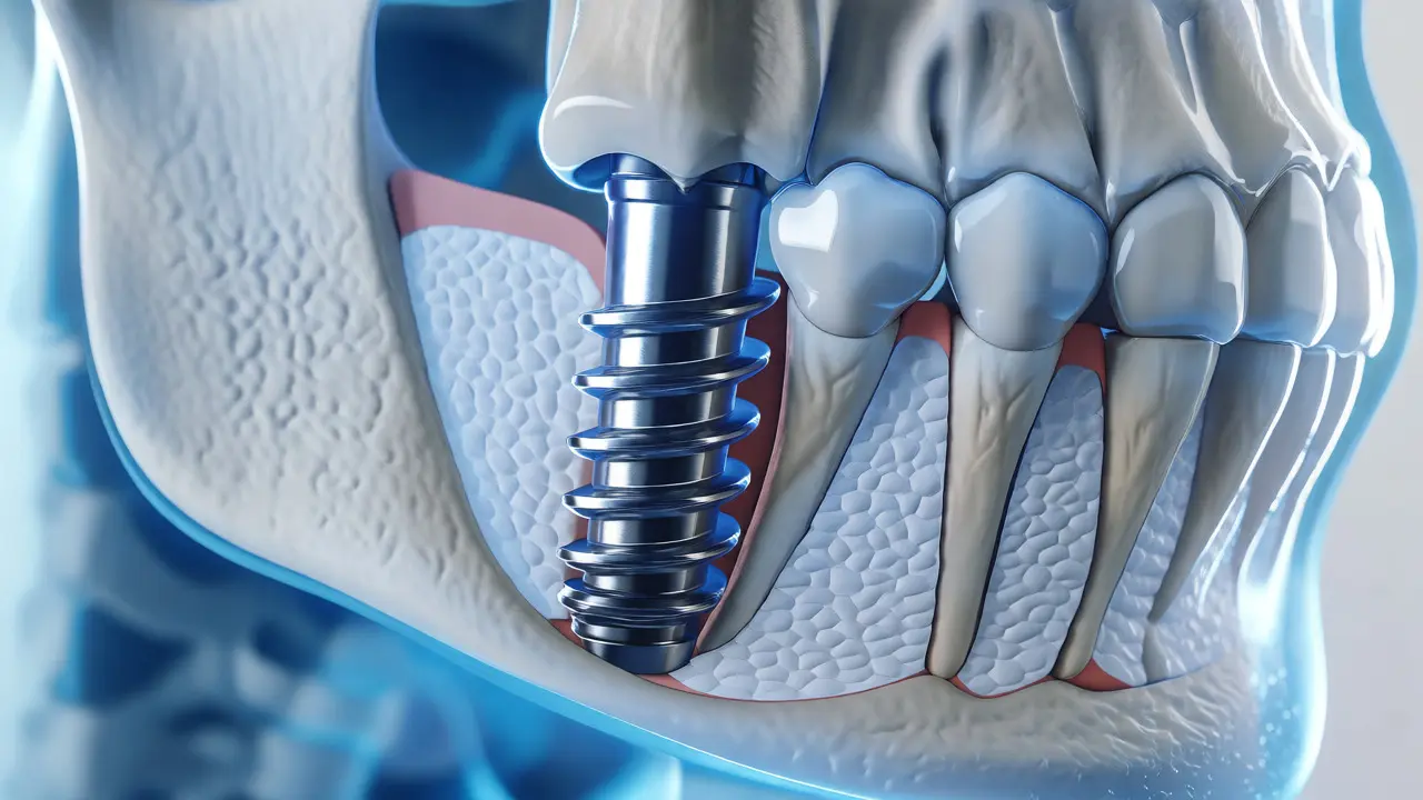 Lékařská ilustrace řezu čelistí ukazující titanový implantát srostlý s kostí.