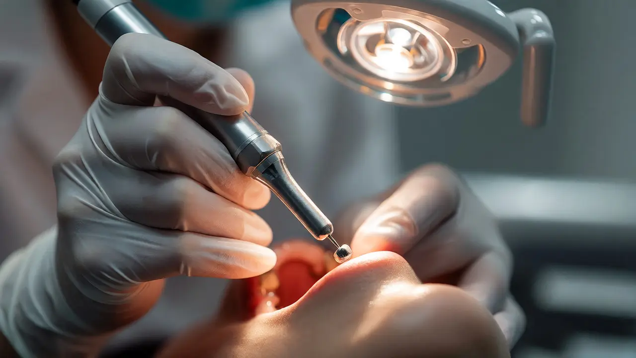 Ruce dentální hygienistky s ultrazvukovým nástrojem při čištění zubního kamene.
