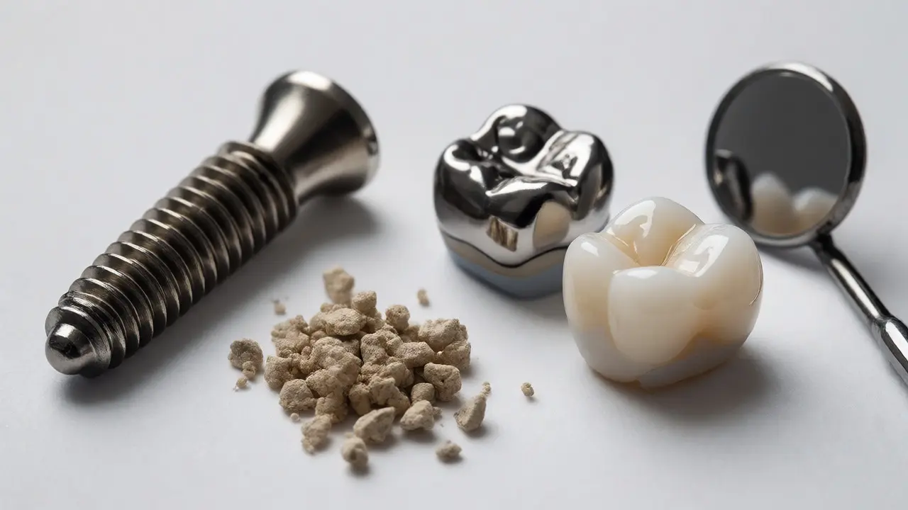 Titanový implantát a korunky ze zirkonu vedle sebe na stole