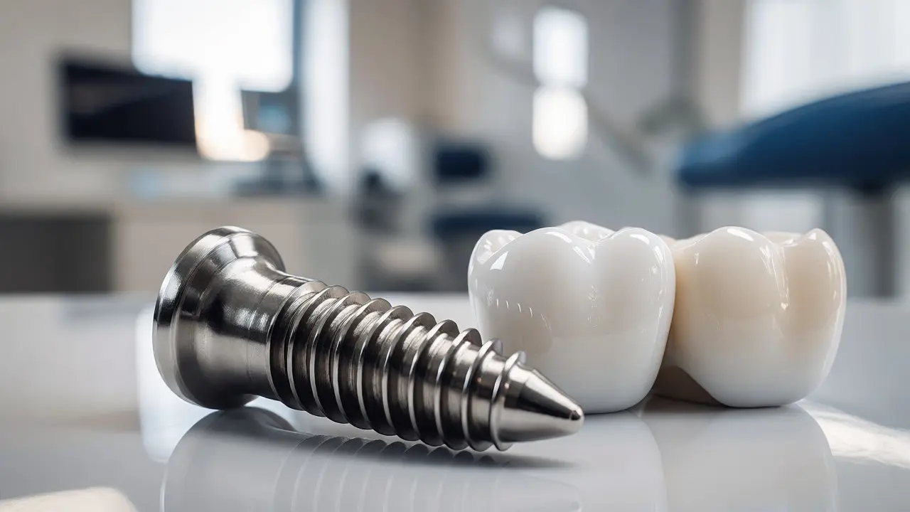 Titanový implantát, keramická korunka a zirkoniový můstek na stole