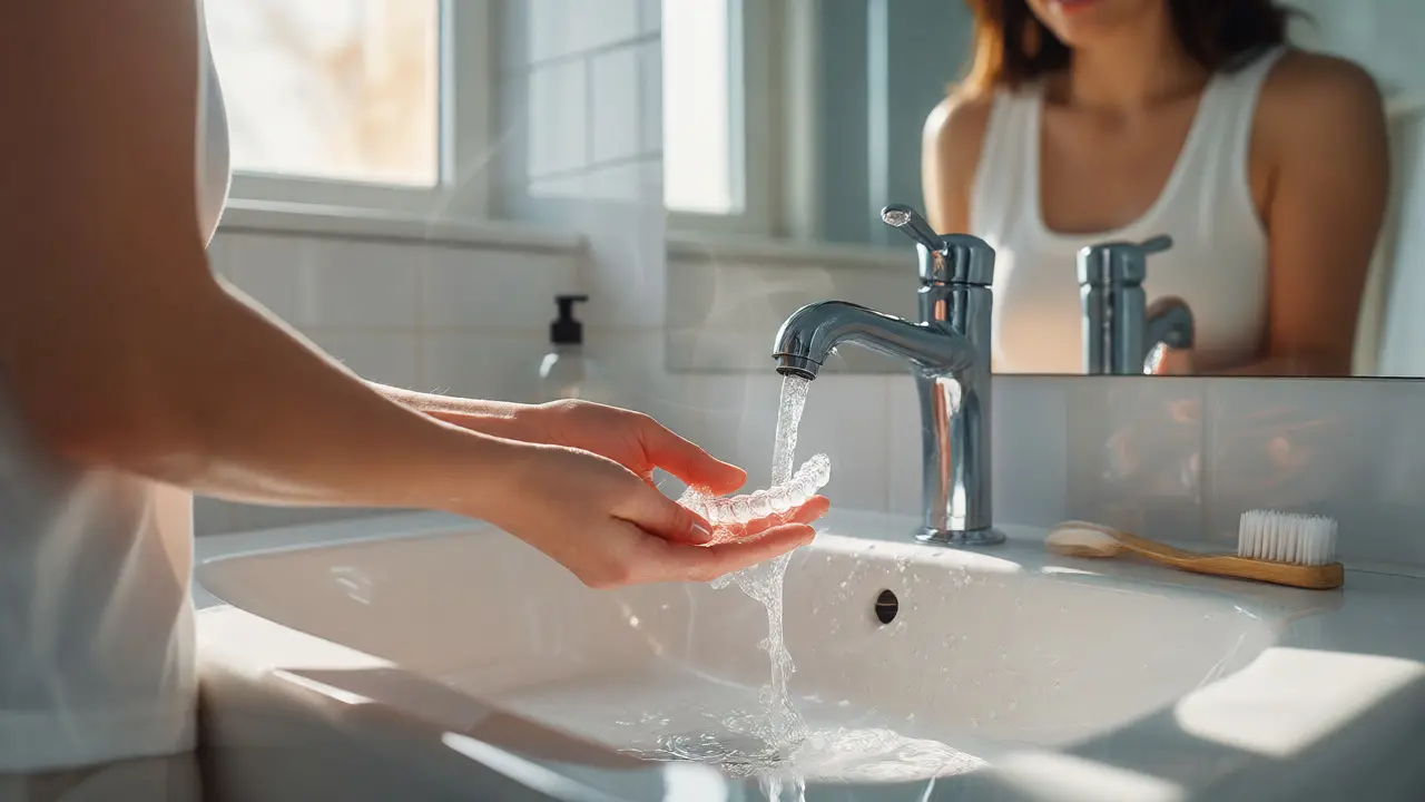 Žena čistí průhledná rovnátka v koupelně